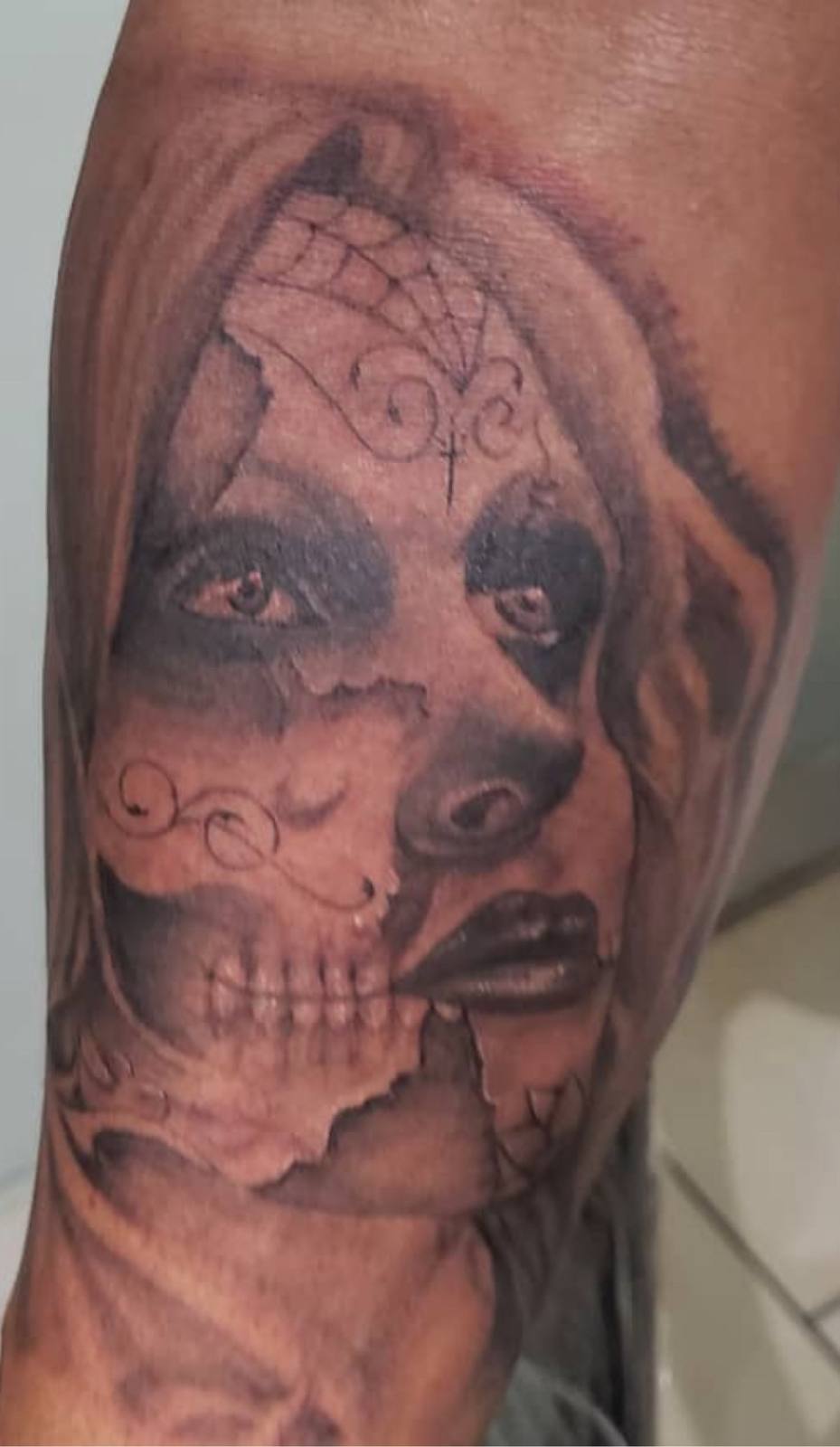 Sugar skull realism tattoo by Marcelo Tattoos Bronx NY
