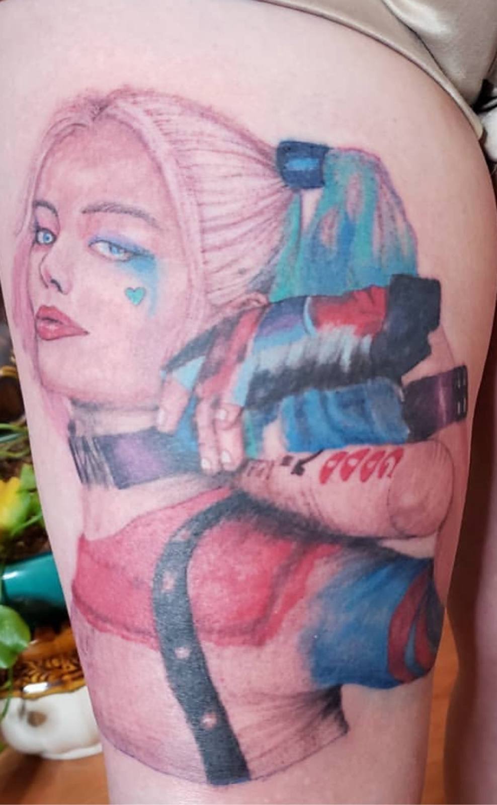 Harley Quinn color portrait tattoo by Marcelo Tattoos Bronx