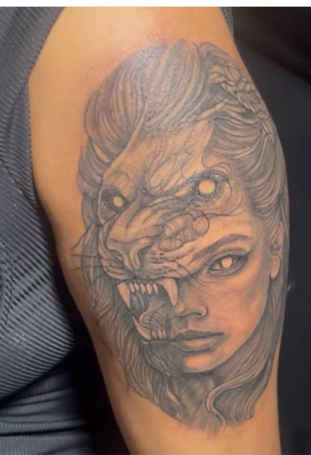 Lion and woman morph realism tattoo by Marcelo Tattoos Bronx NY