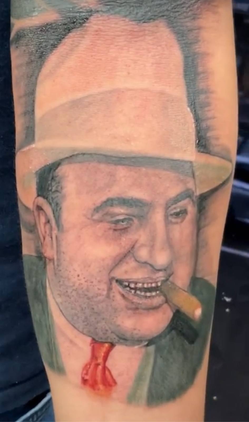 Gangster portrait with cigar tattoo by Marcelo Tattoos Bronx