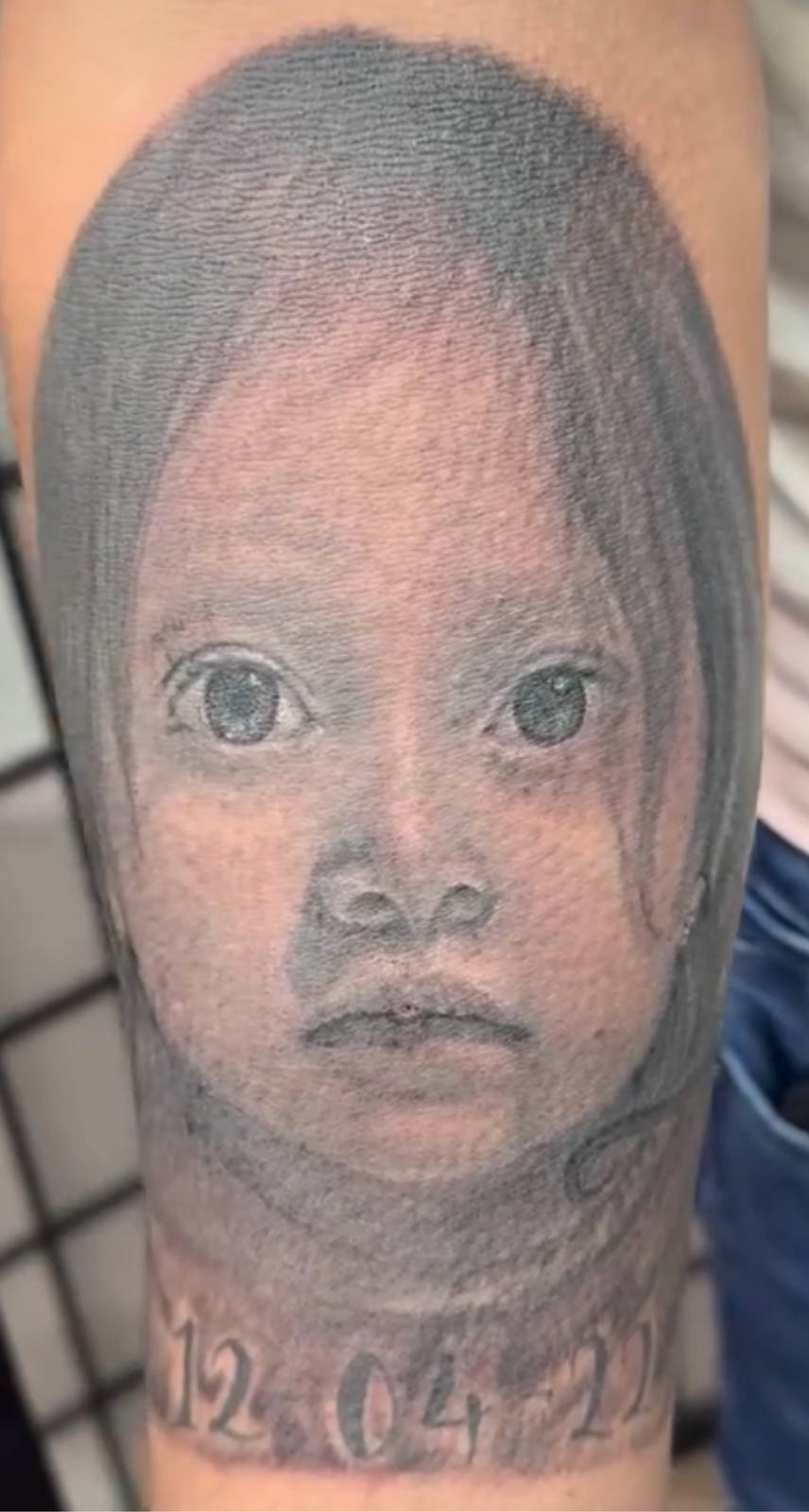 Child memorial portrait tattoo by Marcelo Tattoos Bronx NY